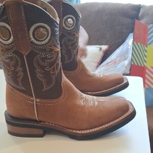 OLAES Little Girs Size 2 All Leather Kids Western Cowboy Boots - Brown, New